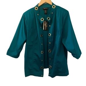 Vintage Maggie Barnes Open Jacket Womens Teal Plus 1X Grommet Detail Office NEW
